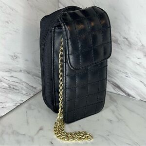 Quilted Leather Wristlet Wallet Bag - Gold Chain Detail - Black